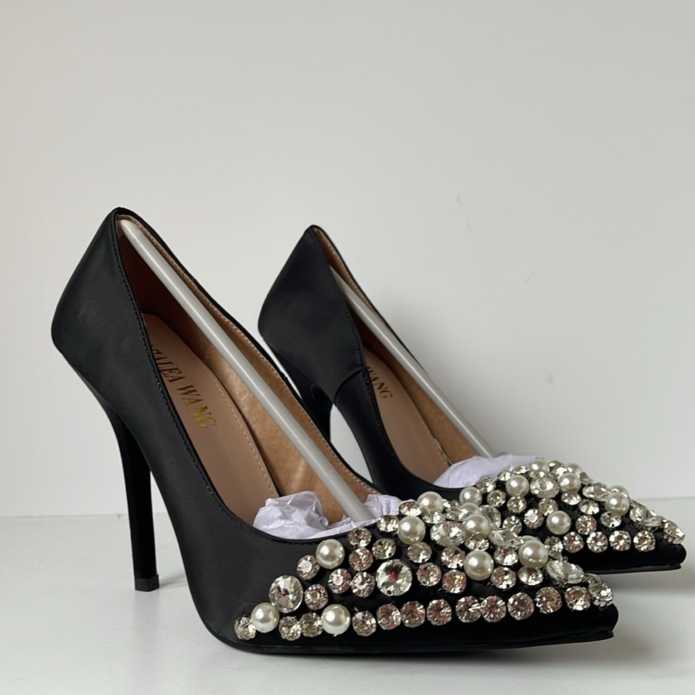 Azalea Wang Women’s Black Satin Embellished Stiletto Heels Pointed Toe Size 7.5 - Picture 8 of 10